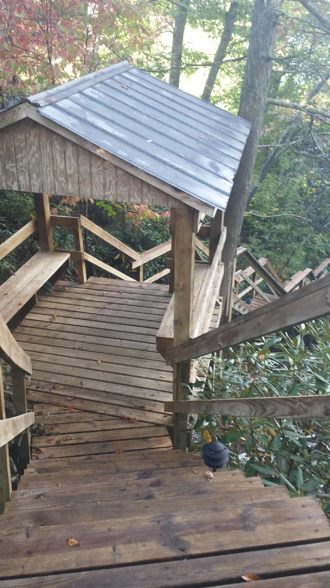 Metal roofed shelter over wooden steps on a wooded walkway — Skylight Repair & Installation work by our crew in Fort White